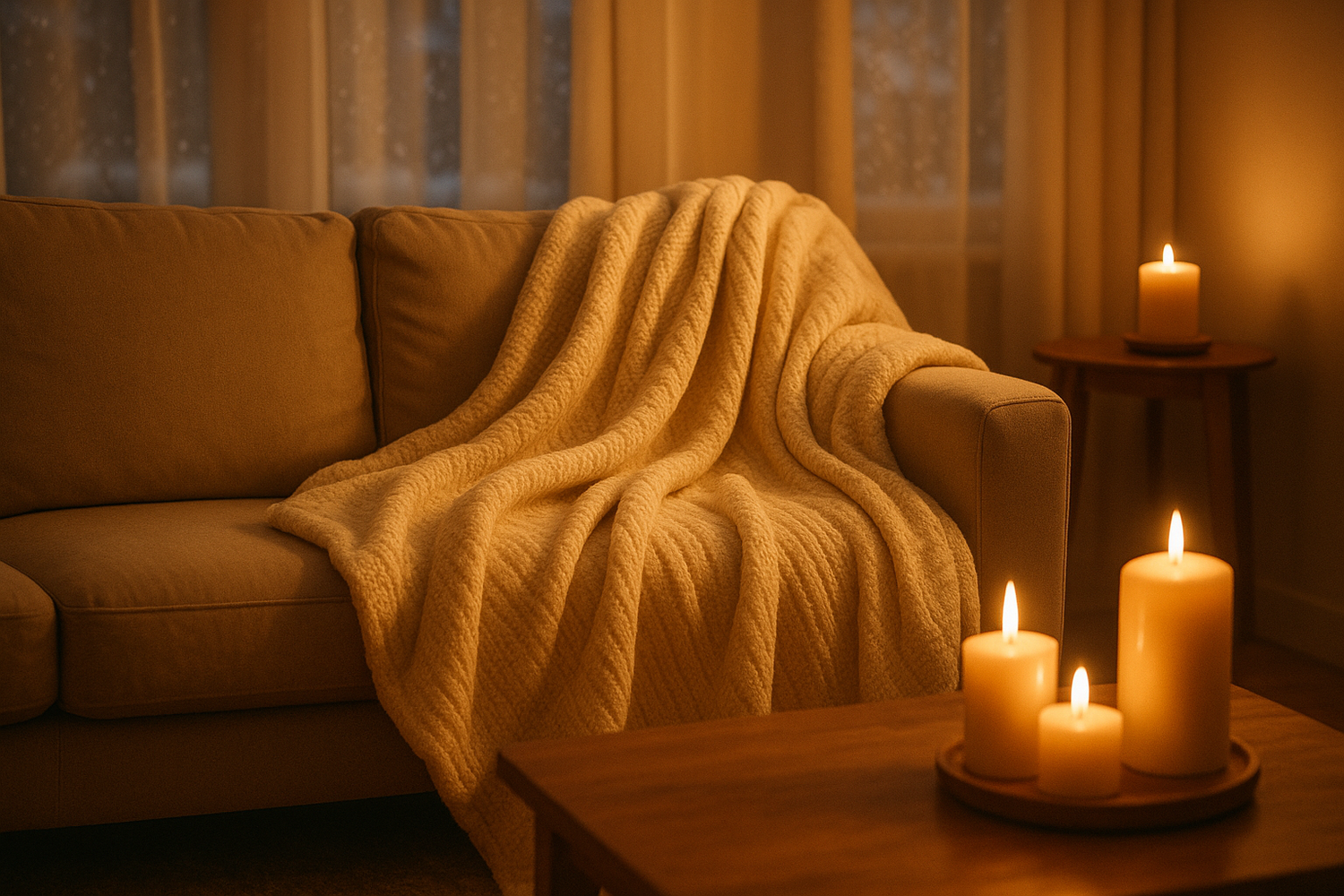 belle photo lifestyle d'un plaid posé sur un canapé, avec lumière chaude, genre ambiance hiver bougie...